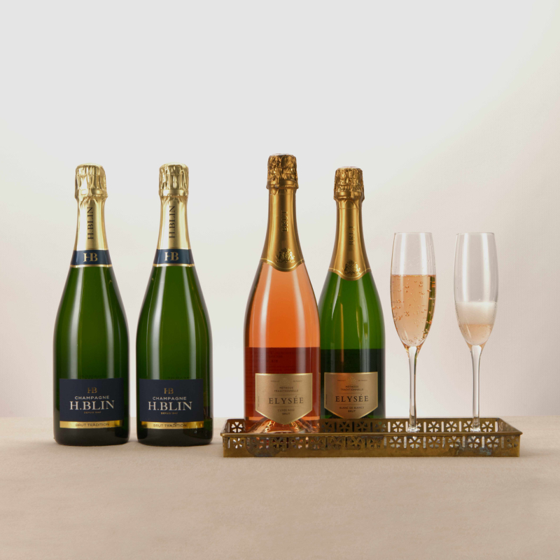 Cenário de fotografia de garrafas de champange e copos de champagne para a Casa Gourmet